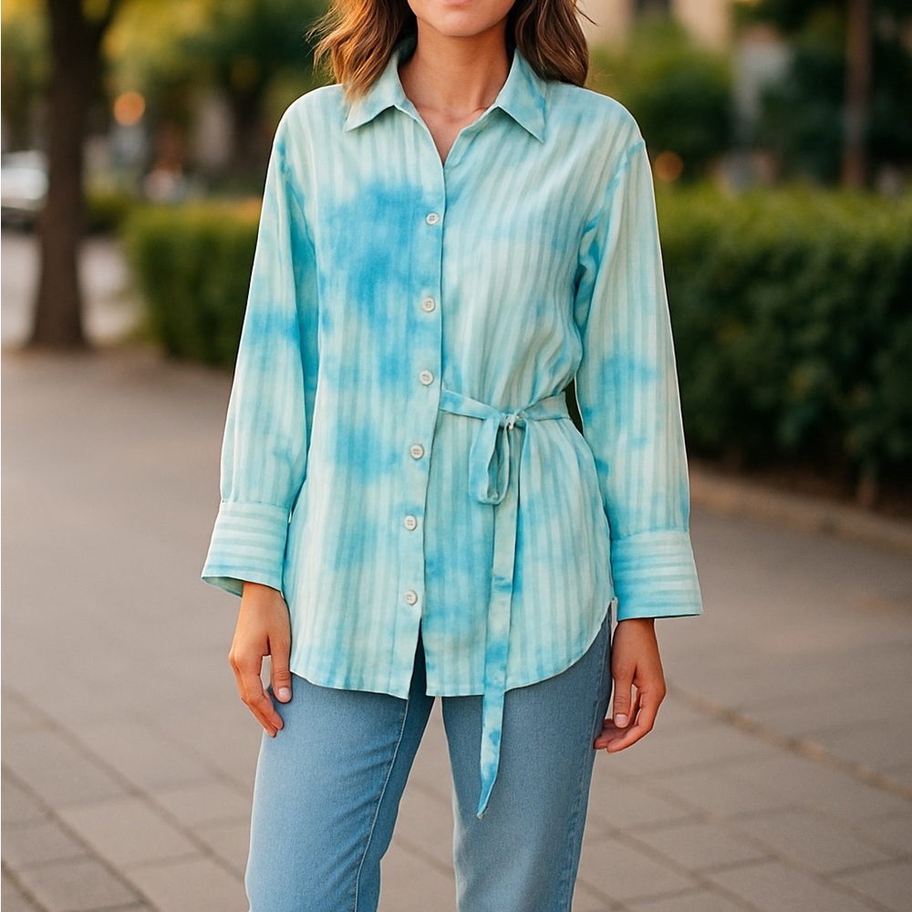 Free People Aqua Blue Green Striped Tie-Dye NOLA Button Down Shirt Dress Sz S